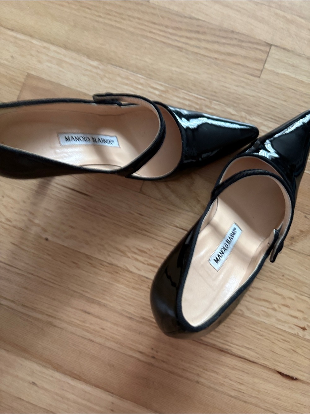 Manolo Blahnik Black Patent Pointed Mary Jane Heels